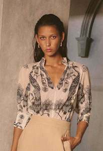 Once Was: Oleander Cotton Silk Shirred Collar Blouse in Imperial Stone