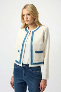 New Arrivals 1: 253108 Open Front Denim Fringe Boucle Jacket