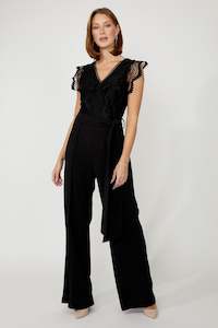 The Dress Collection: 256821 Formal V-neck Lace Trim Jumpsuit