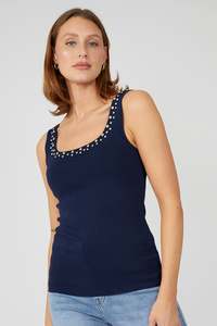 Frank Lyman: 251600 NAVY Rhinestone Scoop Fine Rib Singlet
