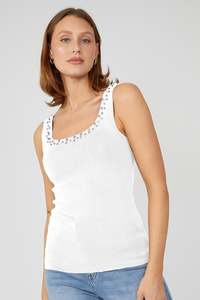 251600 WHITE Rhinestone Scoop Fine Rib Singlet