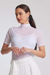 8931 WHITE Sheer Mesh Polo Tee