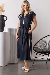 6118  Shirred Waist Contrast Edge Pocket Dress