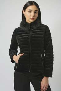 The Cardigan Jacket Collection: 253928 Stretch Velvet Puffer with Faux Fur Collar