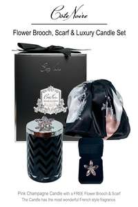HCS02 - Cote Noire Crystal Flower Brooch / Candle & Scarf Gift Set