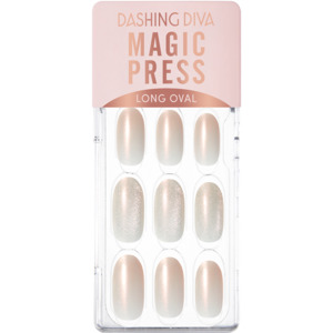 Long Oval: [WHITE FLORAL] MAGIC PRESS NAIL - PEARLY GOLD