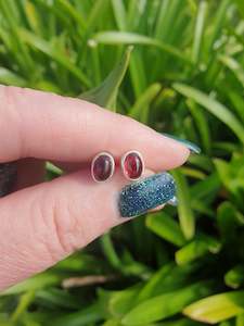 Earrings: Garnet | Polished Sterling Silver Stud Earrings Oval 8mm