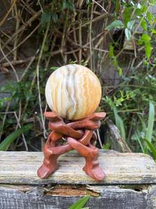 Spheres: Zebra Calcite Large Sphere With Rosewood Wooden Stand