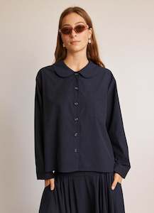 Blouses: Peter Pan Shirt - French Navy Tencel Cotton