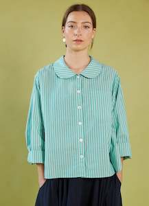 Blouses: Peter Pan Shirt - Green Striped Cotton
