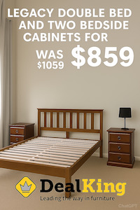 Bedroom Furniture: LEGACY NZ PINE DOUBLE BED & TWO BEDSIDES