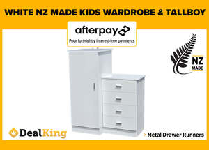 Bedroom Furniture: WHITE FULLY ASSEMBLED NZ MADE KIDS WARDROBE & TALLBOY