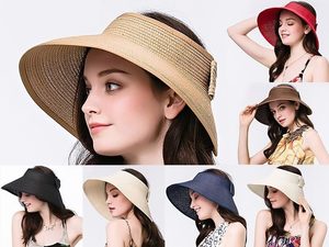 Hat: Women Girl Foldable Roll Up Sun Beach Straw Visor Hat Summer Kid Wide Brim Cap