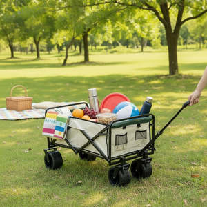 Foldable Outdoor Trolley Picnic Camping Cart 360° Rotating Wheels - Beige&Green