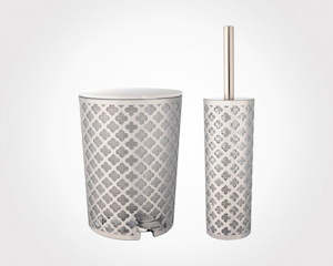 Bathroom Set: Silver Flowers Dustbin & Brush 182200