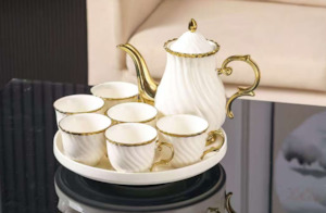 Tea Pot Cup Set: White Tea Cup 8pc Set 803-8