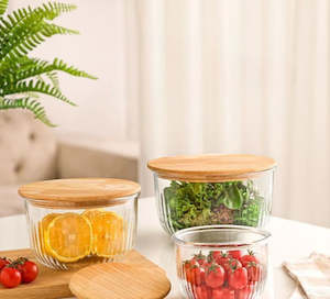 Storage: Glass bowl set with Wooden Lid 221259 (1/8L,970ML,470ML)