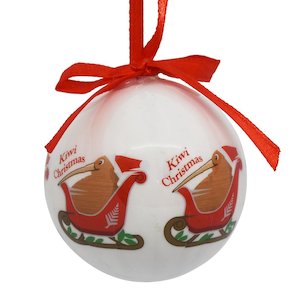 White Cream: Decoration - New Zealand Kiwi riding sleigh bauble - FACTORY SECONDS