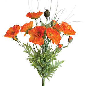 Artificial Flowers Orange Yellow: Poppy Bush with Grass - Orange