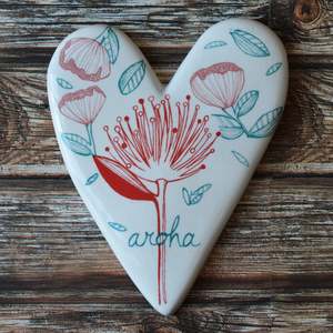 All: Pohutukawa Flowers and Aroha Heart (large) - Ceramic Wall Art