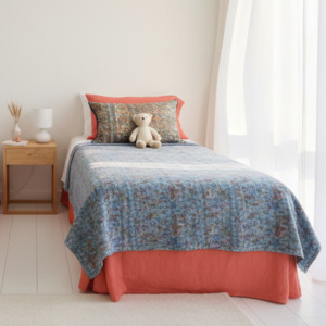 Half Kantha Dohar Quilt - Coral Bloom / Blue Iris - One of a Kind