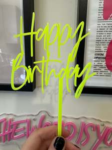 Sale: Happy Birthday Cake Topper Yellow Fluro Acrylic