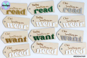 Christmas Baubles: Read, Wear, Want, Need Present Tags - Custom Name (Set of 4)