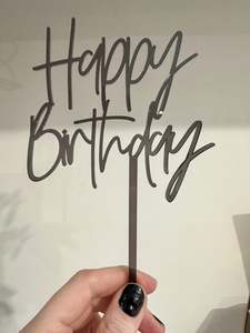 Happy Birthday Cake Topper Dark Grey Translucent Acrylic