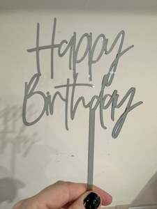 Happy Birthday Cake Topper Grey Translucent Acrylic