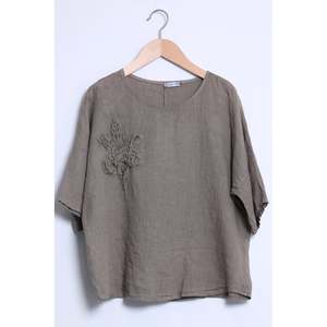 Tops: linen tee - floral - taupe