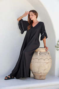 Dresses: linen dress - black with white piping