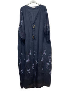 linen printed dress - navy - shell detail