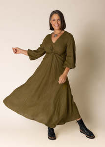 Dresses: linen twist front dress - olive