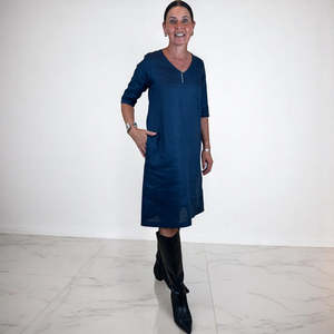 Dresses: linen Vneck dress - denim blue - juliette