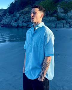 Sale: Shirt - aqua green - linen cotton check