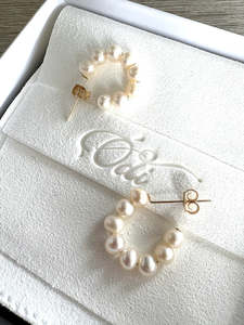 Jewellery: petite huggies - white FW pearls - sterling silver or rose gold