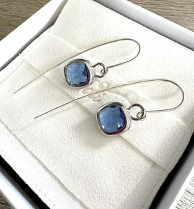 glass cushion ear wires - silver - sapphire blue