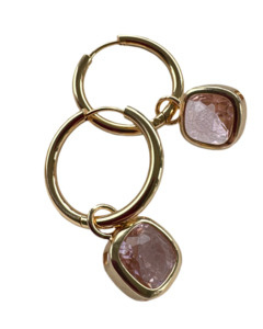 Jewellery: glass cushion hoops - gold - baby pink