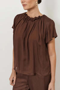 Autumn 2025: viscose pleated neck top - chocolate - candice