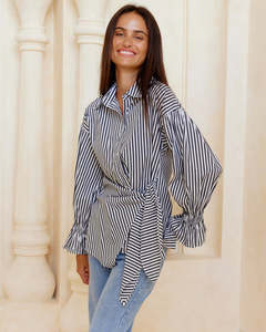 Tops: blouse - black stripe - cotton blend