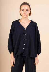 Tops: linen blend swing blouse - black