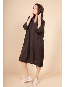 Dresses: linen hooded tunic dress - chocolate