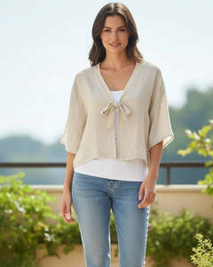 Tops: linen tie-front jacket - biege - shyloh