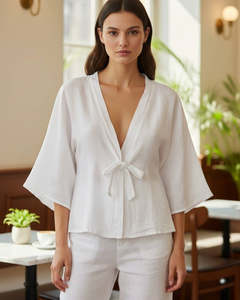 Tops: linen tie-front jacket - white - shyloh