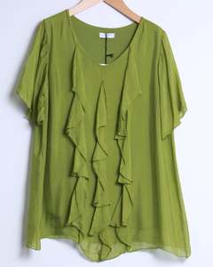 Tops: silk viscose ruffled blouse - chartreuse