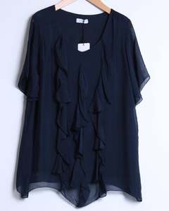 Tops: silk viscose ruffled blouse - navy