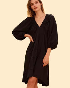 linen dress - elastic Vneck - black