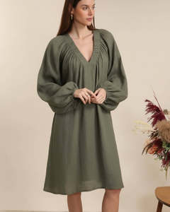 Dresses: linen dress - elastic Vneck - khaki