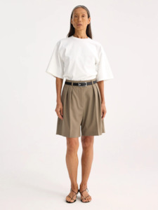 Pants Shorts: Tailored Wide Leg Shorts in Khaki