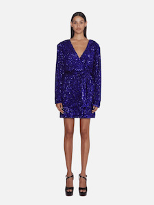 Samantha Sequin Wide Shoulder Wrap Dress in Blue Iris